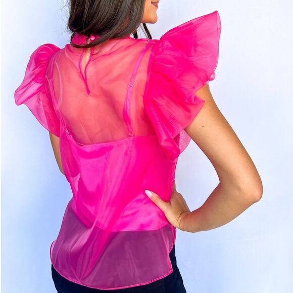 Buddy Love NWT Kaycee Hot Pink Organza Ruffle Flare Sleeve Sheer Party Top - Picture 2 of 12